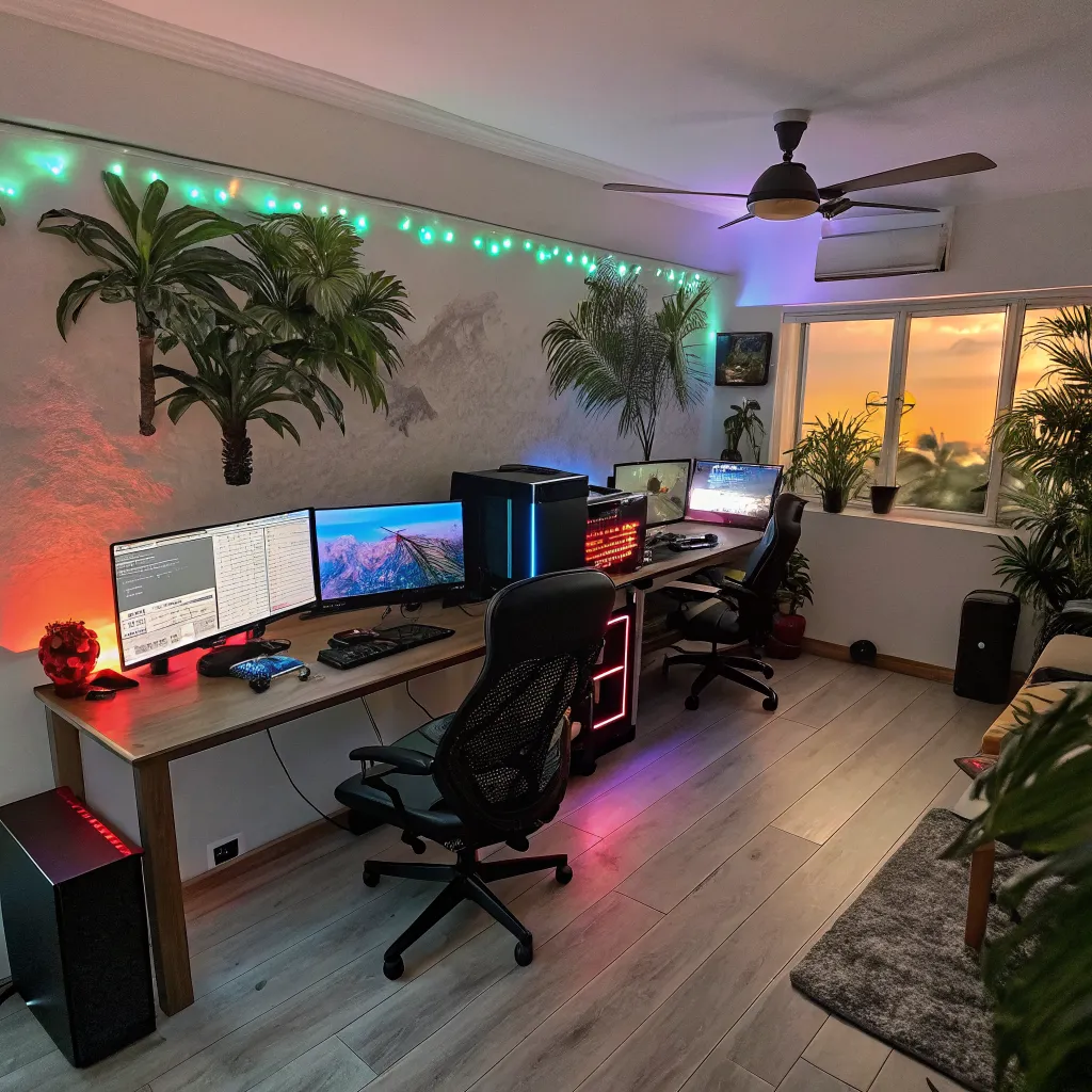 Sala de juegos en PC con iluminación tropical